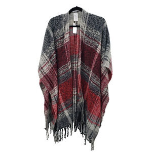 Woolrich Plaid Sweater Shawl Womens One Size Fits All Fringe Soft Thick Red Gray